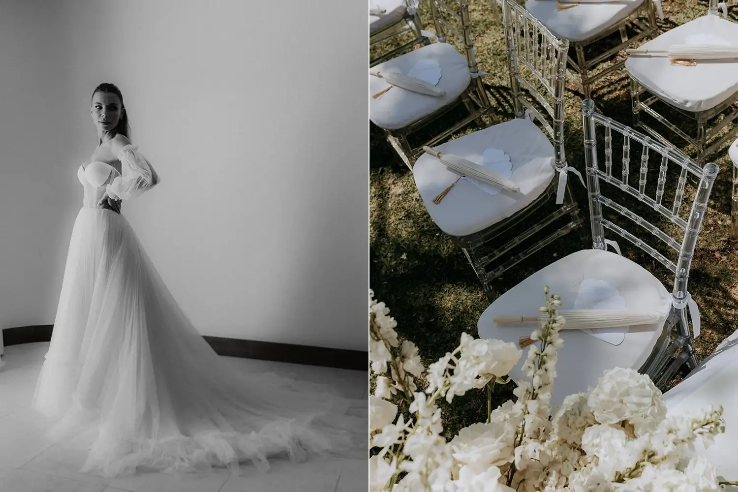 On the left, a black-and-white photo of a bride wearing a flowing tulle wedding dress with sheer, off-the-shoulder long sleeves, standing against a plain wall and gazing confidently at the camera. On the right, an outdoor wedding ceremony setup featuring clear chairs with white cushions, each adorned with a folded white fan and a small program. The scene is complemented by soft white flowers in the foreground and natural light highlighting the grassy setting.